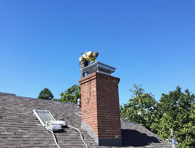 Lynnfield Chimney Sweep technician measuring a chimney cap in Lynnfield, MA