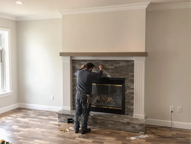 Lynnfield Chimney Sweep finishing a custom fireplace install in Lynnfield, MA